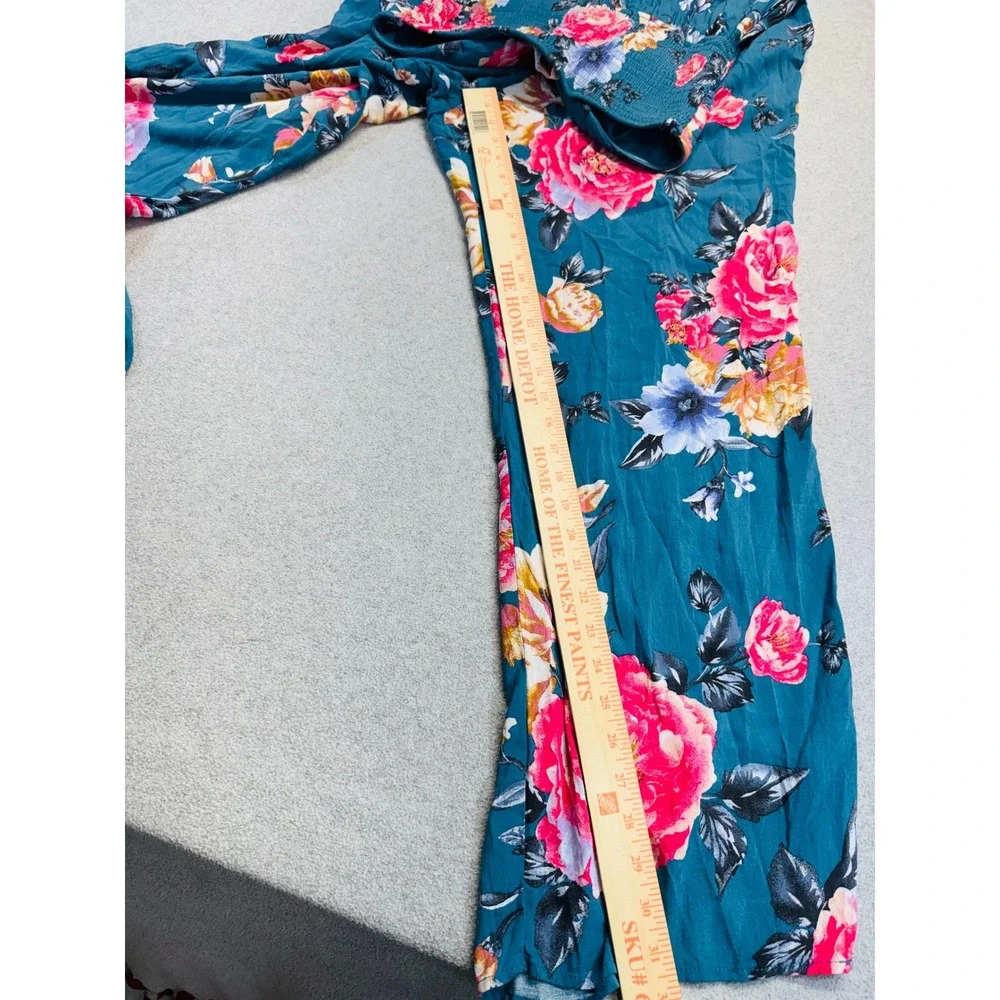 Heart Of Gypsy Jumpsuit Womens Large Teal Blue Floral Strapless Wide‎ Leg Boho